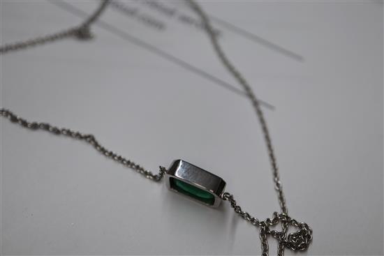 An 18ct white gold and solitaire emerald set pendant necklace, pendant 9mm.